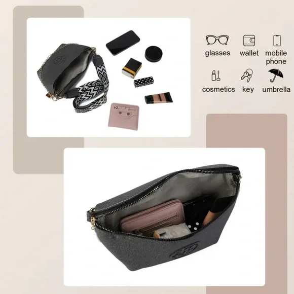 Gray Crossbody Bag with Gold Accents - Picture 4 of 8